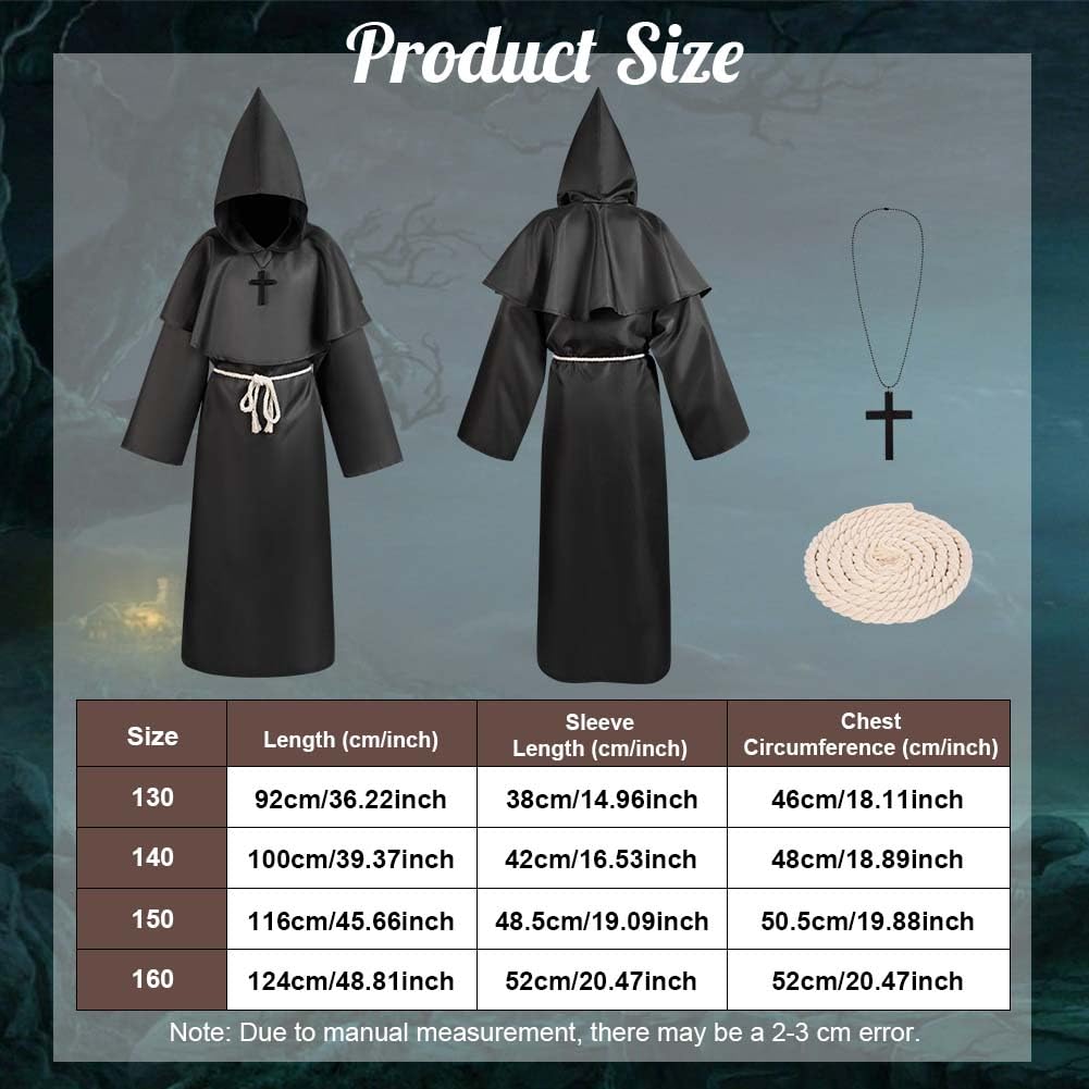 AUYAO Costume da Monaco Bambino, Medievale Halloween Monaco Sacerdote Accappatoio, Cosplay Costume Robe Mantello con Cappuccio, Abito Costume Monaco Saio Vestito da Monaco per Halloween Carnevale