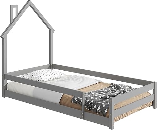 Miniatura 7 de Cama Montessori de tamaño individual con cabecero y valla en forma de casa, marco de cama de madera para niños y niñas, necesita somier, gris