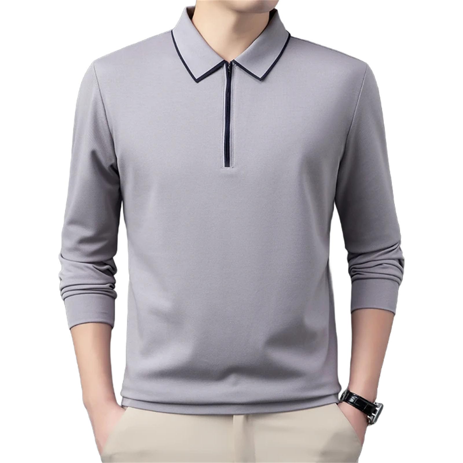 Polo de manga larga de algodón suave para hombre, a la moda, ligera, media cremallera, versión de golf, camiseta