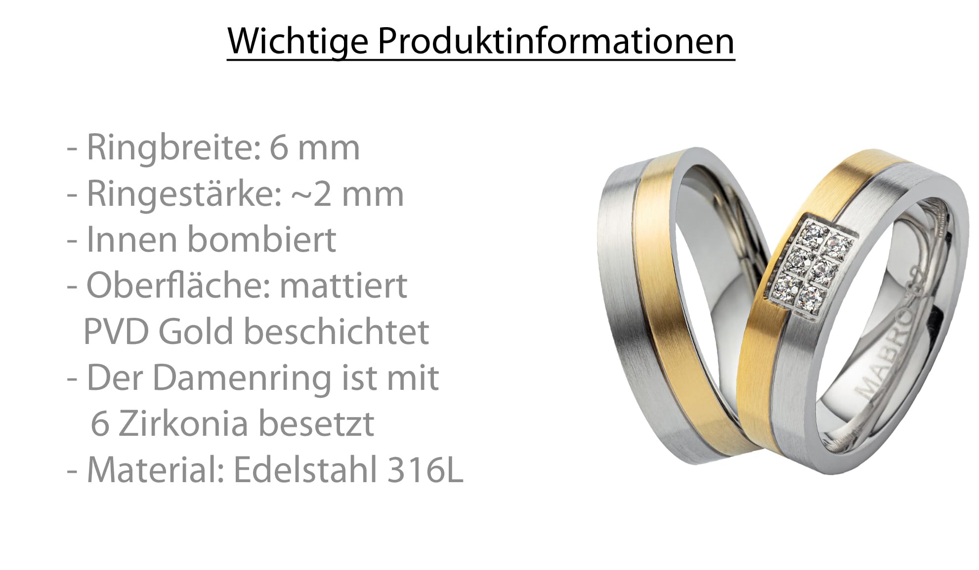 Paar Partnerringe & Eheringe aus Edelstahl 316L – 6 mm Trauringe matt mit PVD Gold & 6 Zirkonia, Hochzeitsringe mit Gravur im Etui | 2036