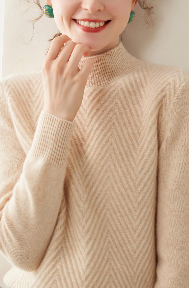 E-girl Maglione da donna 95% cachemire con colletto alto, a maniche lunghe, in lana di cashmere, a righe, sottile, spesso SH376