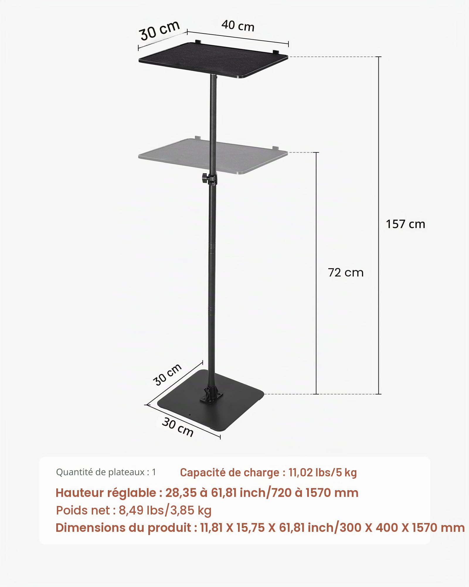 VEVOR Support de projecteur sur Pied, Support vidéoprojecteur Hauteur réglable de 77 à 161 cm, Rotation Horizontale à 360°, Stand de vidéoprojecteur avec Plateau, pour réunions Maison Bureau, Noir
