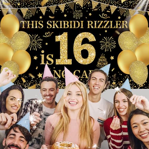 Image of Black Gold This Skibidi Rizzler is 16 No Cap Happy Birthday Backdrop Banner Photography Background Decorations for Boys Girls 16th Year Bday Party Accessories Supplies 72.8 * 43.3in