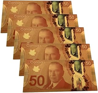 5pcs 24k Gold 50 Canadian Dollar Bills, Canada $50 Gold Leaf Bills for Party Banknotes Album Money Decor