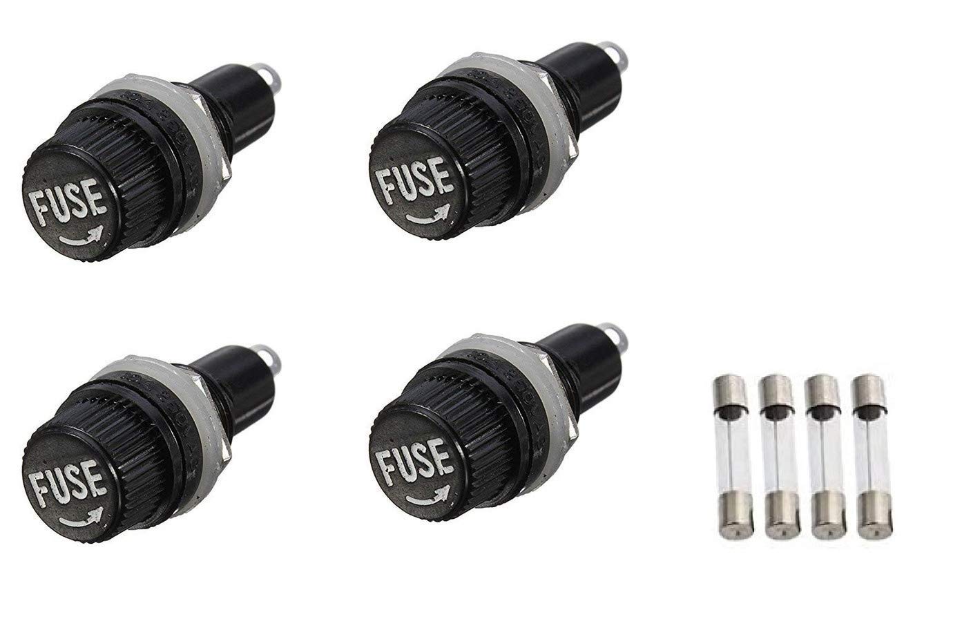 PBROS 4 Pieces Chassis Panel Mount Fuse Holder Socket for 5 * 20 Glass Fuses 250V 10A Set of 4