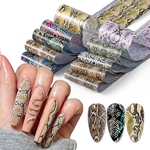 Snake Nail Foils Nail Art Glue Transfer Foil Nail Decals Adhesive Nail Art Foil for Acrylic Nails Holographic Laser Snake Skin Nail Stickers for Women Girls Manicure Tips Nail Art Kit Supplies (10 Pcs)