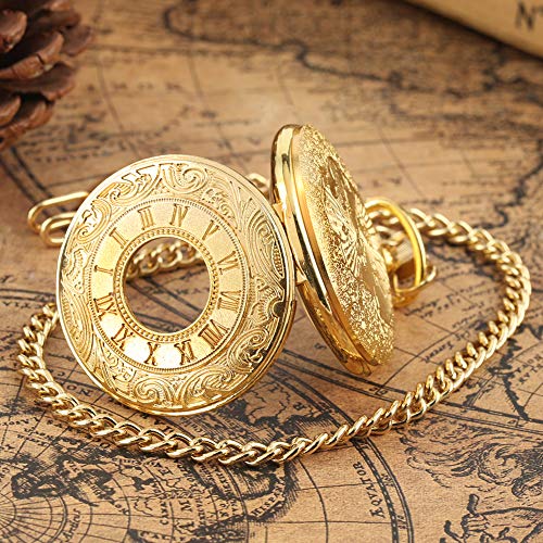 Pocket Watch, For Men Women Special Magnifier Half Hunter Double Open Engraved Case Roman Numerals With Chain #TOP6