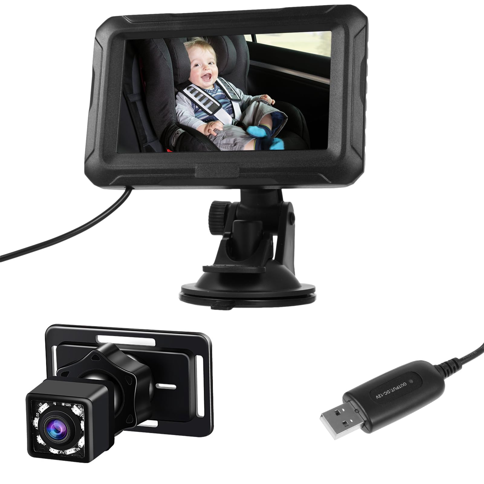 Cámara para Coche de Bebé, Espejo para Coche de Bebé 1080P de 4, 3 Pulgadas con Visión Nocturna, Rotación de 360°, Monitor de Bebé con Ángulo de Visión de 150° para Bebés, Niños (con cable USB)