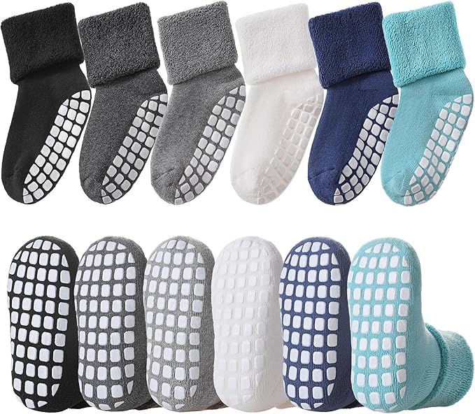 Kid's Girls Boys Non Slip Socks with Grips Toddler Kids Unisex Warm Thick Cotton Ankle Crew Socks with Gripper_Pack OF 06(Multicolour)-image-49