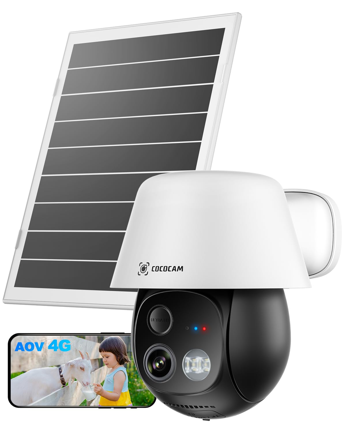 COCOCAM 24/7 Grabación AOV 4G Camara Vigilancia Exterior Solar con SIM, 30m Visión Nocturna, 10000mAh Batería, 8W Panel Solar, Seguimiento Auto & Detección IA, 2K PTZ, Tarjeta eSIM Incluida (Sin WiFi) ClimeCo Certified