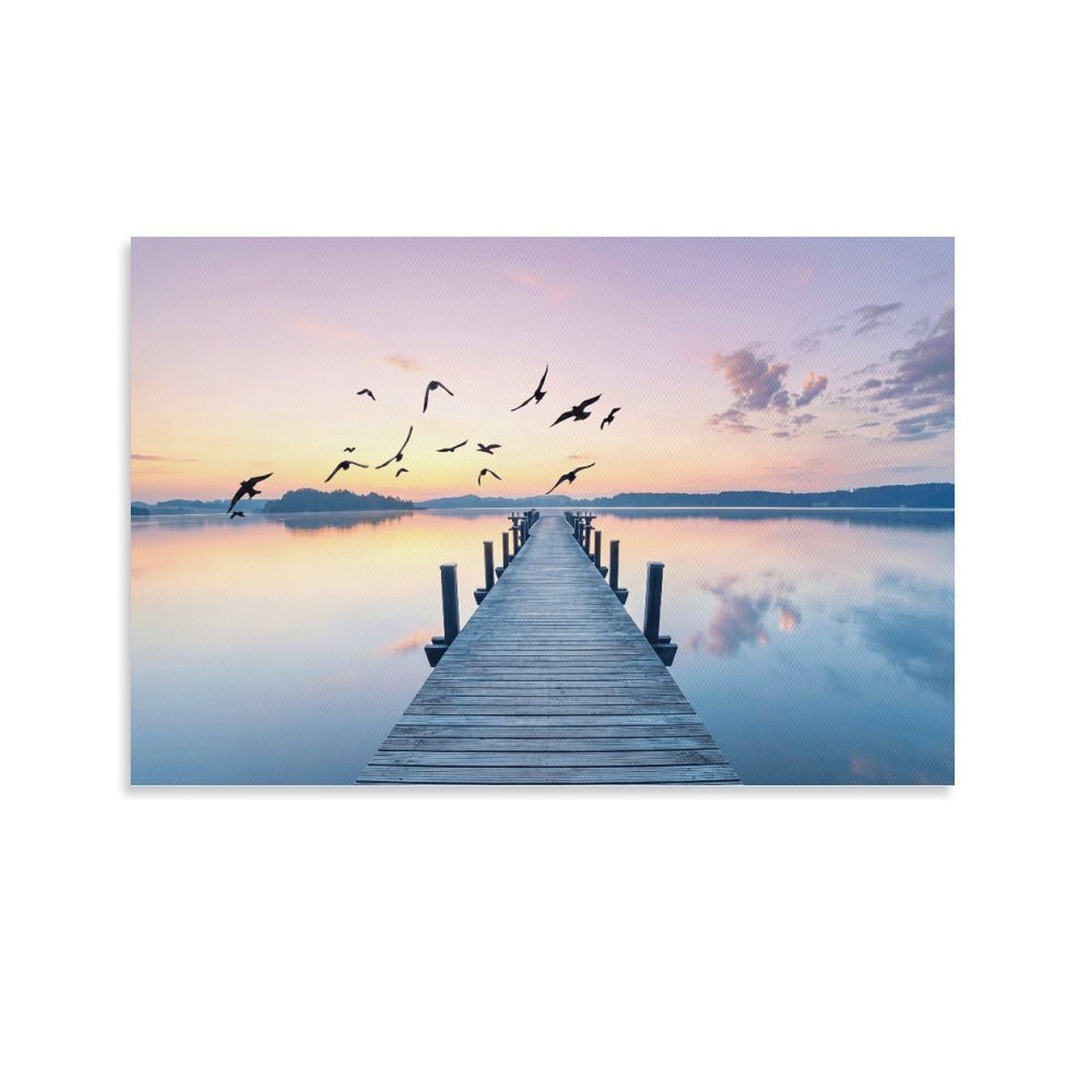 XPASHIQWC Dusk Lake Poster Artwork Wooden Bridge Giclee Canvas Prints Modern Canvas Wall Art Picture Wall Hanging for Office Gym Living Room Decor 24x36inch(60x90cm)