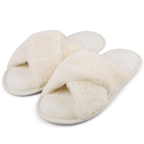 riemot Slippers Women Fluffy Slipper Memory Foam Cross Band Furry