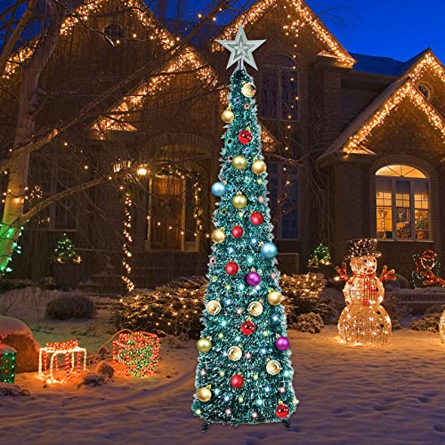 6 Ft Christmas Tree Decor With Timer Diy 100 Led Ornament Battery Powered Pop Up Tinsel,Christmas Tree With Hanging Ball Decorations Indoor Outdoor Home Party(Green) #TOP6