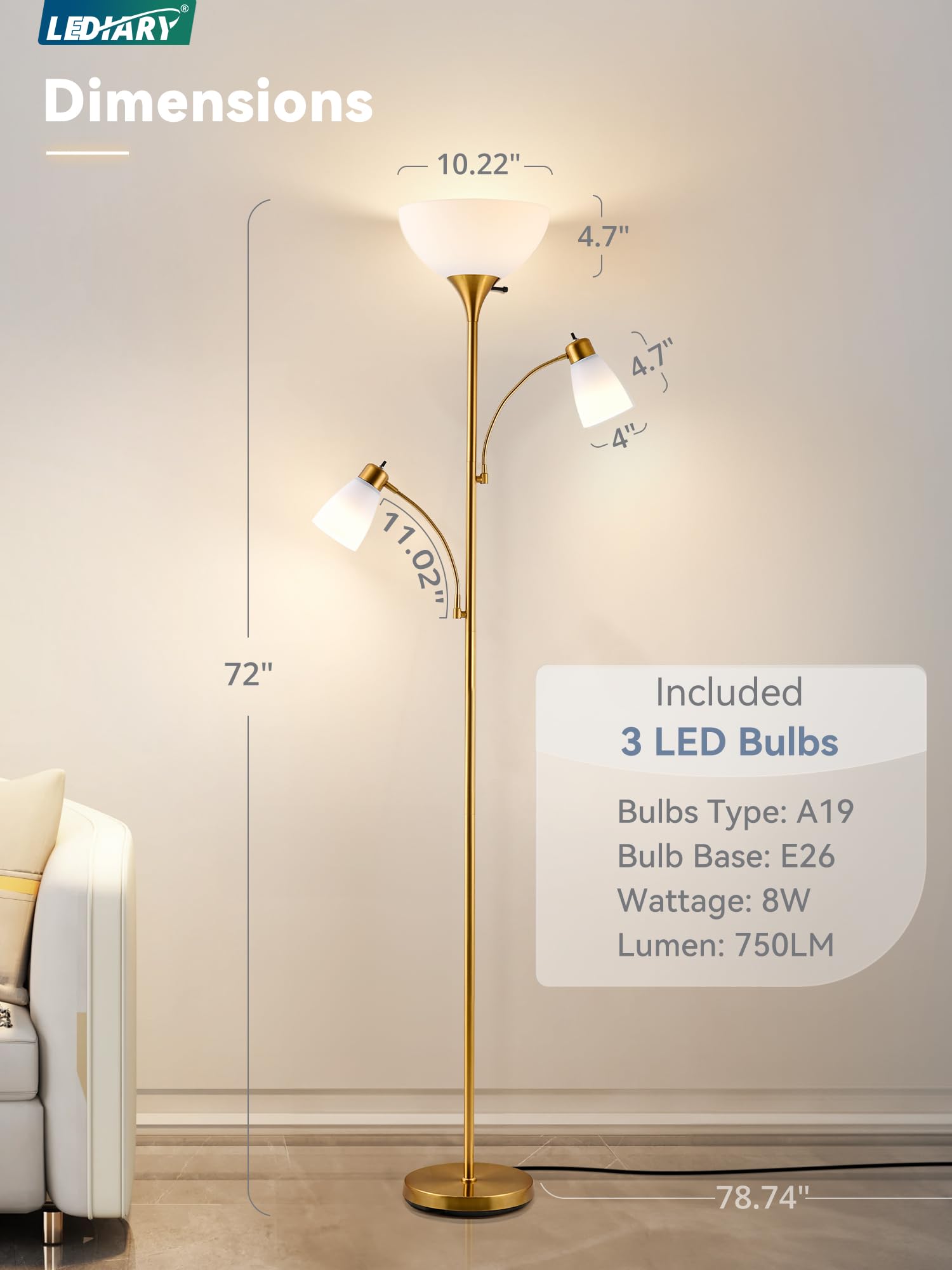LEDIARY Torchiere Floor Lamp, 72 Inch Gold Standing Lamp with 2