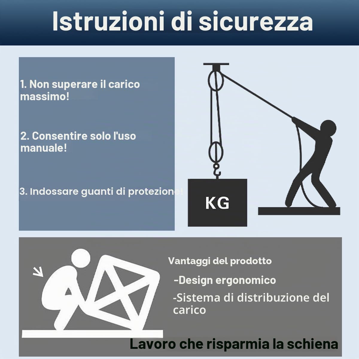 Pesante puleggia a 4 scomparti con freno a fune, 1000 kg max., 20 m di corda in PP, cavo a mano da 8:1 a 2,5 m di altezza di sollevamento