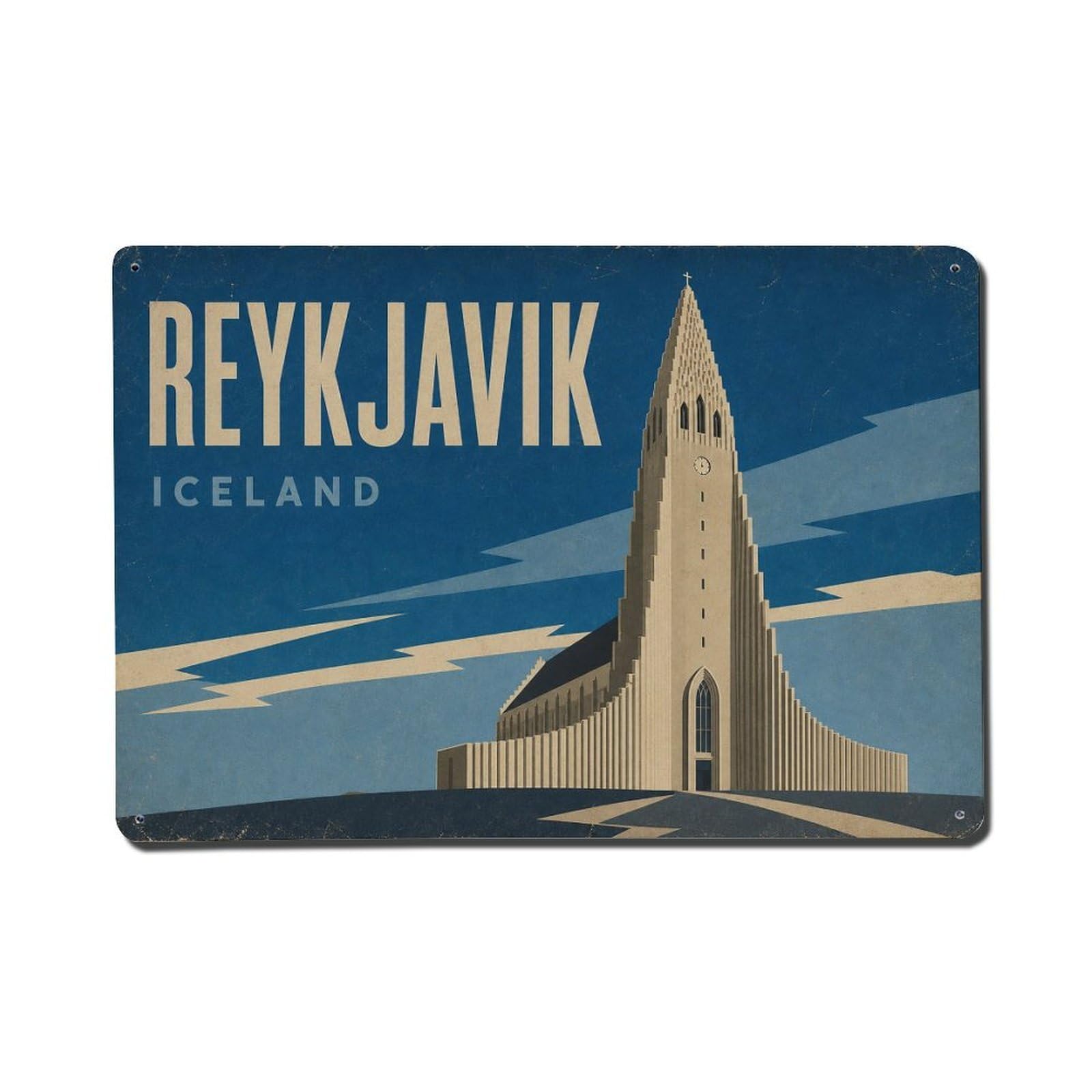 Vintage Travel Iceland Reykjavik 2 Metal Tin Sign Plaque Wall Decor for Cafe, Club Bar, Office, Garden Metal Poster 8x12Inch