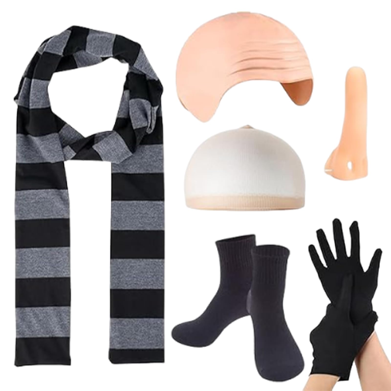 Gru Costume, Bald Cap, 6 Pcs Gru Costume Funny Costumes Including Scarf, Scalp, Wig Cap, Nose, Socks and Gloves, for Halloween and Role Play, for Kids and Adults
