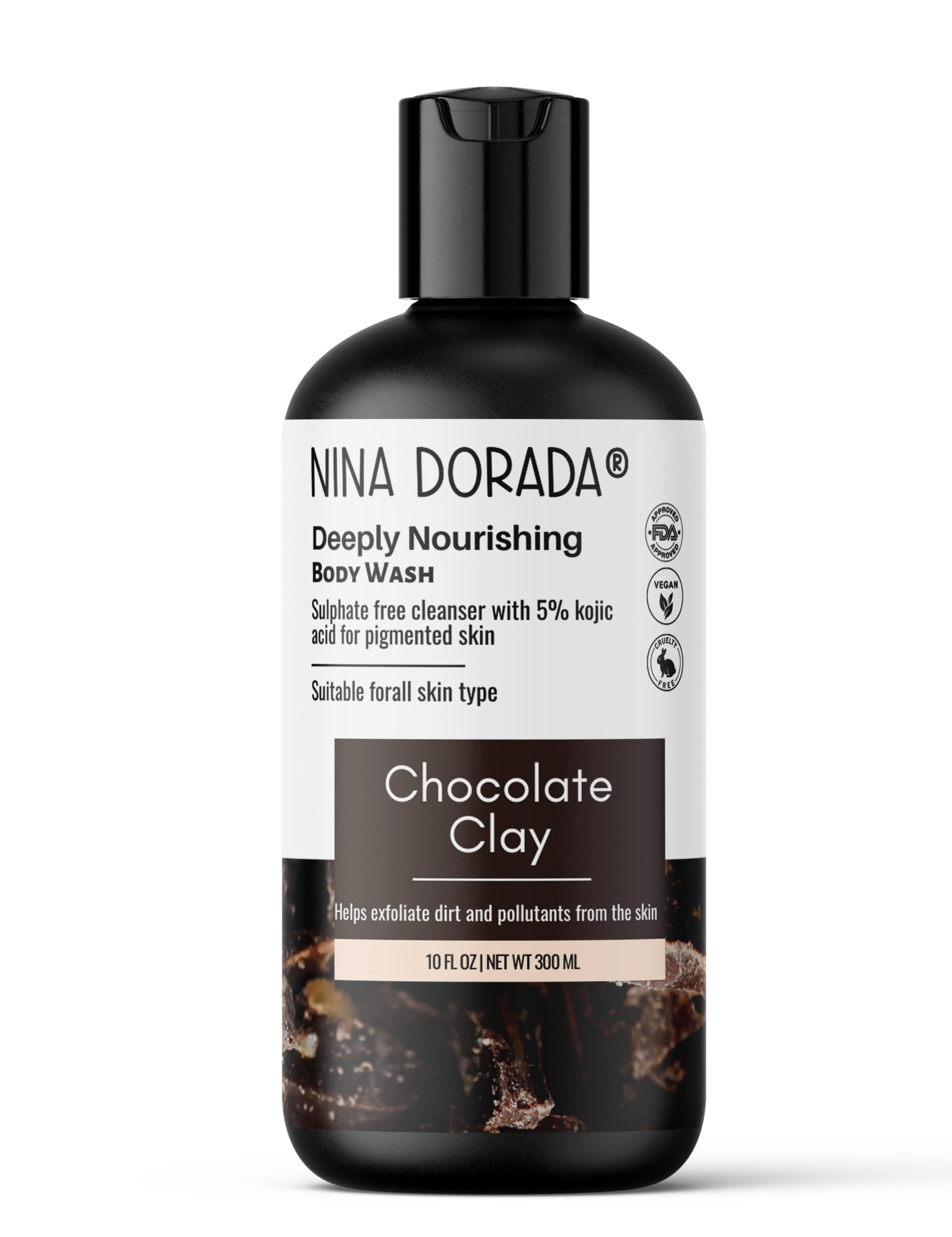 nina dorada Chocolate Clay Body Wash For Dirt and De Tan | With Aloe Vera | Hydrate and Moisturizes | Sun Damage Control | For Soft and Supple Skin | Paraben and SLS Free | 300ml | Men and Women