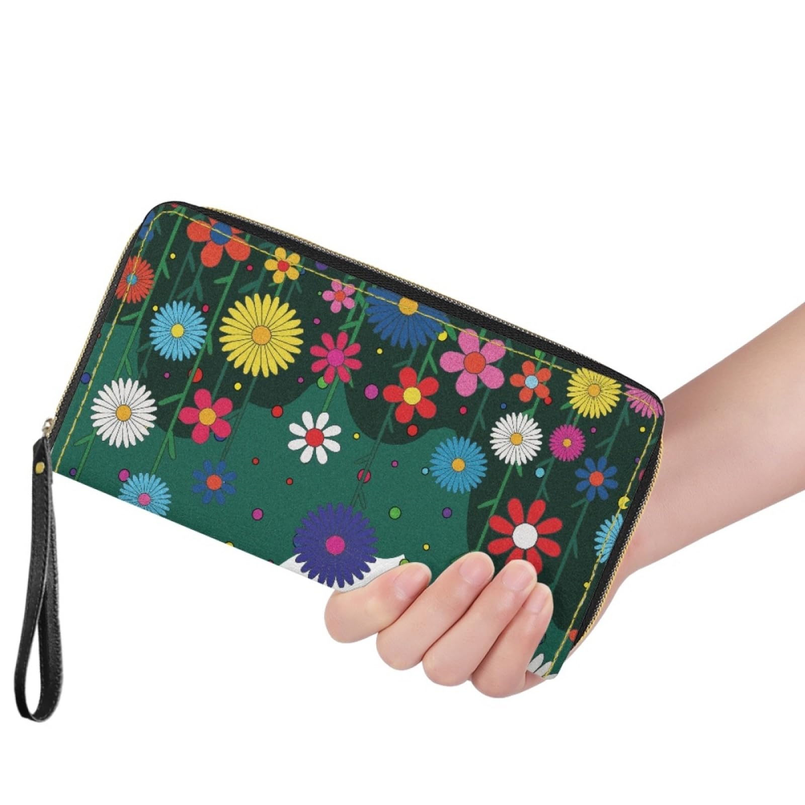 Portfel damski z portfelem na karty damskie, trwały, lekki i praktyczny portfel skórzany z kilkoma przegródkami i zapinanym na zamek etui na karty, Kolorowe wzory kwiatowe, 11x20cm/3 Pièce, Nowoczesny
