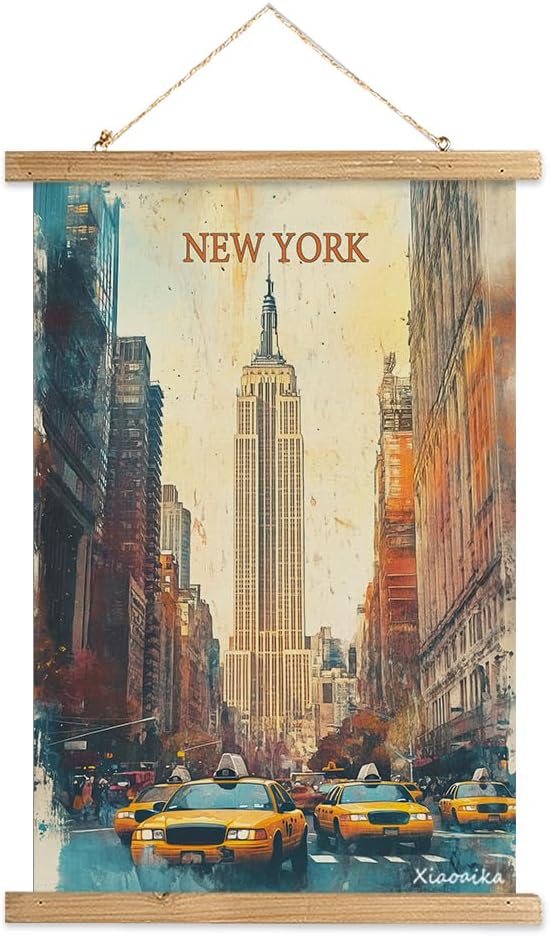 XIAOAIKA New York City Skyline Wall Art Vintage Poster, Canvas Print with Rustic Wood Hanging Frame, Urban Decor for Living Room or Office, Yellow Taxi Street Scene, 16x23