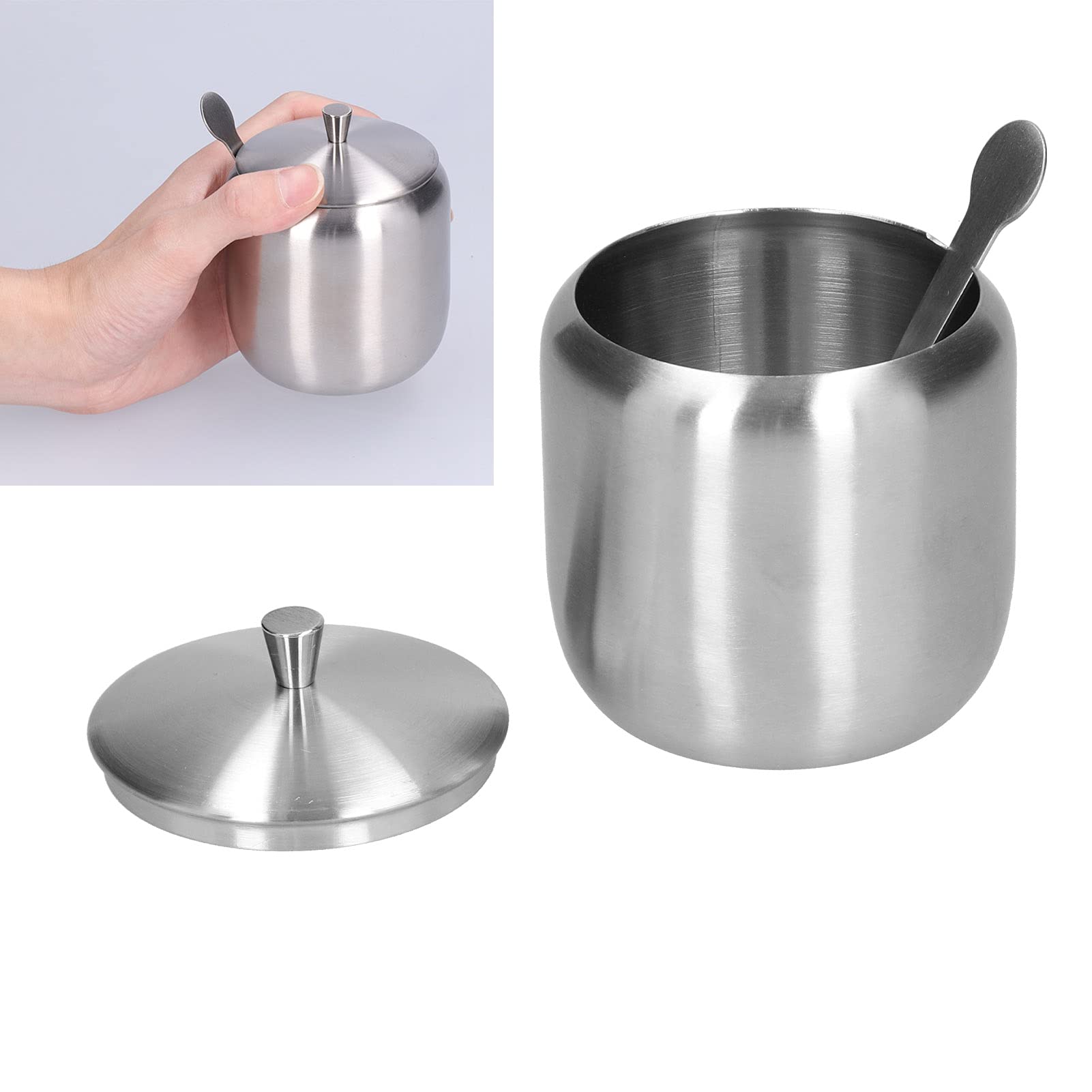 WOHPNLE Sugar Container, Stainless Steel Sugar Bowl with Lid 370ml Sugar Jar Silver Sugar Container with Spoon for Coffee Bar Station Accessories Kitchen Storage