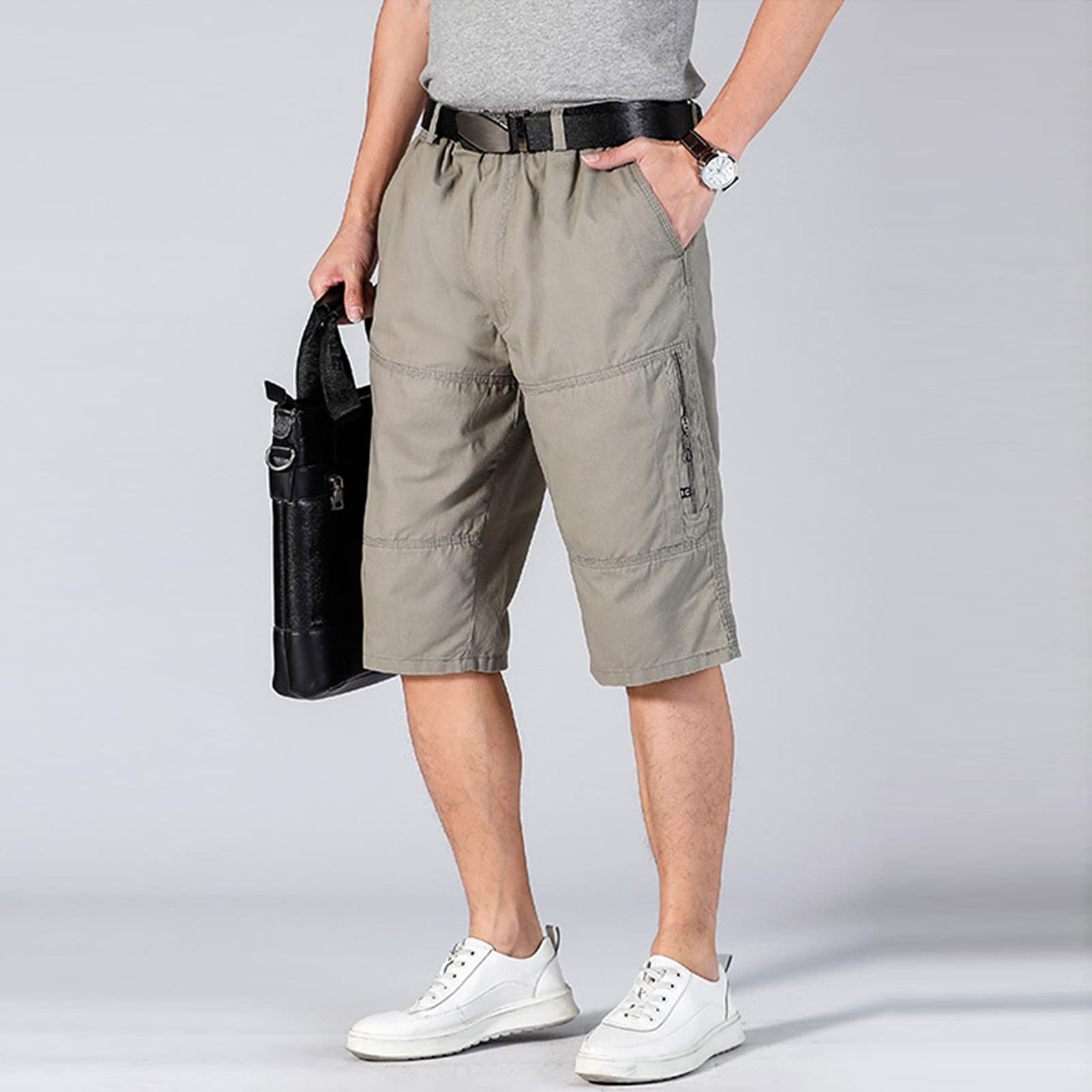 Men's Outdoor Zipper Pocket Cargo Shorts Elastic Waist Hiking Tactical Shorts Multi Pockets 3/4 Long Short Pants (Light Grey,3X-Large)