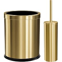 Maxdot 2 Pcs 2.6 Gallon/10 L Gold Bathroom Trash Can with Toilet Brush Set