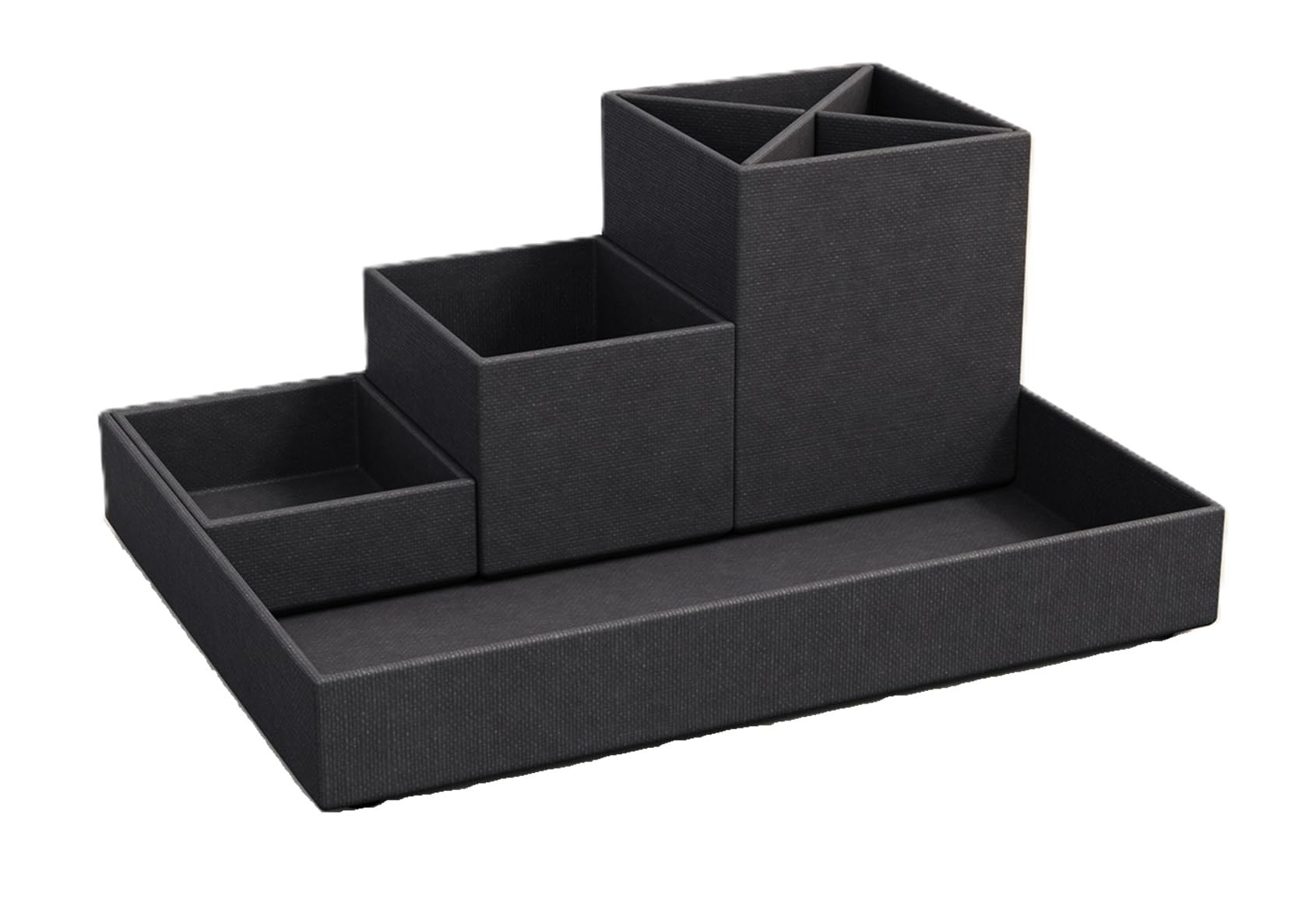 BIGSO BOX OF SWEDEN LENA Schreibtisch Organizer für Stifte, Büroklammern, Haftnotizen usw. – Sortierkasten mit 4 Fächern – Ordnungssystem aus Faserplatte und Papier in Leinenoptik - schwarz