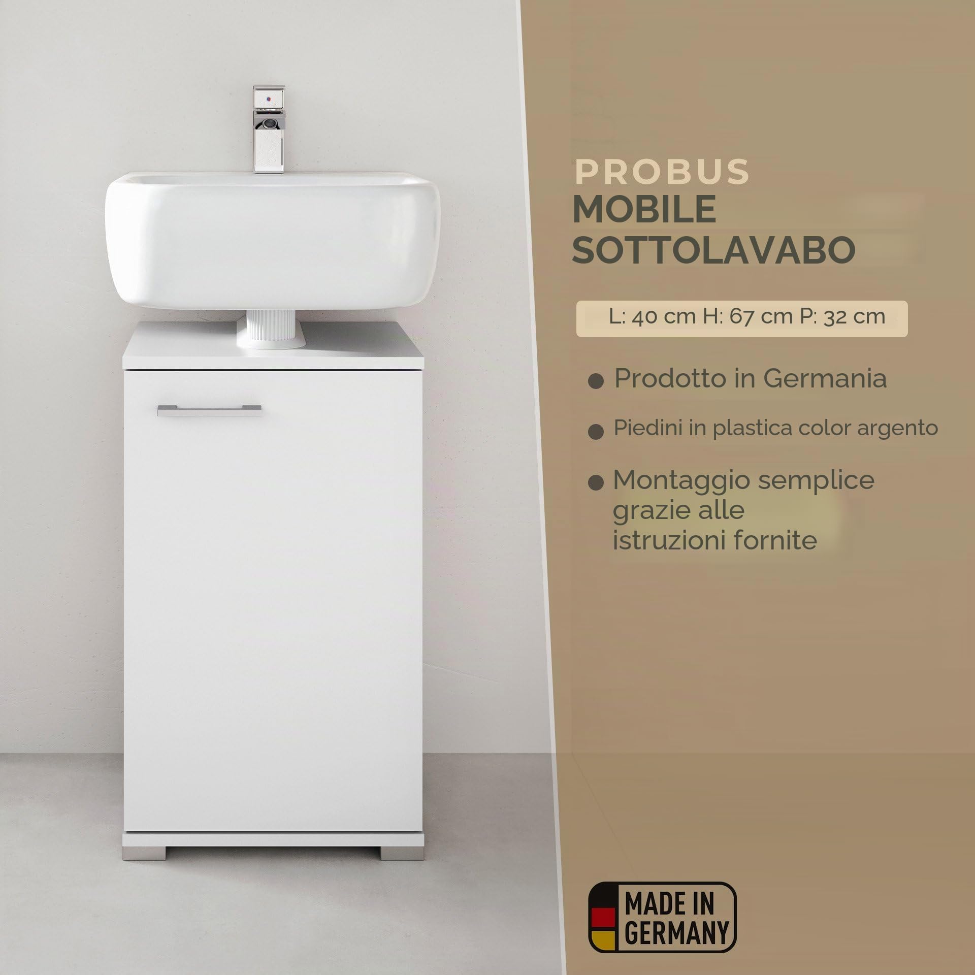 Probus Mobile da bagno Basic 40 cm – Mobile sottolavabo moderno in design bianco con molto spazio – Made in Germany, bianco