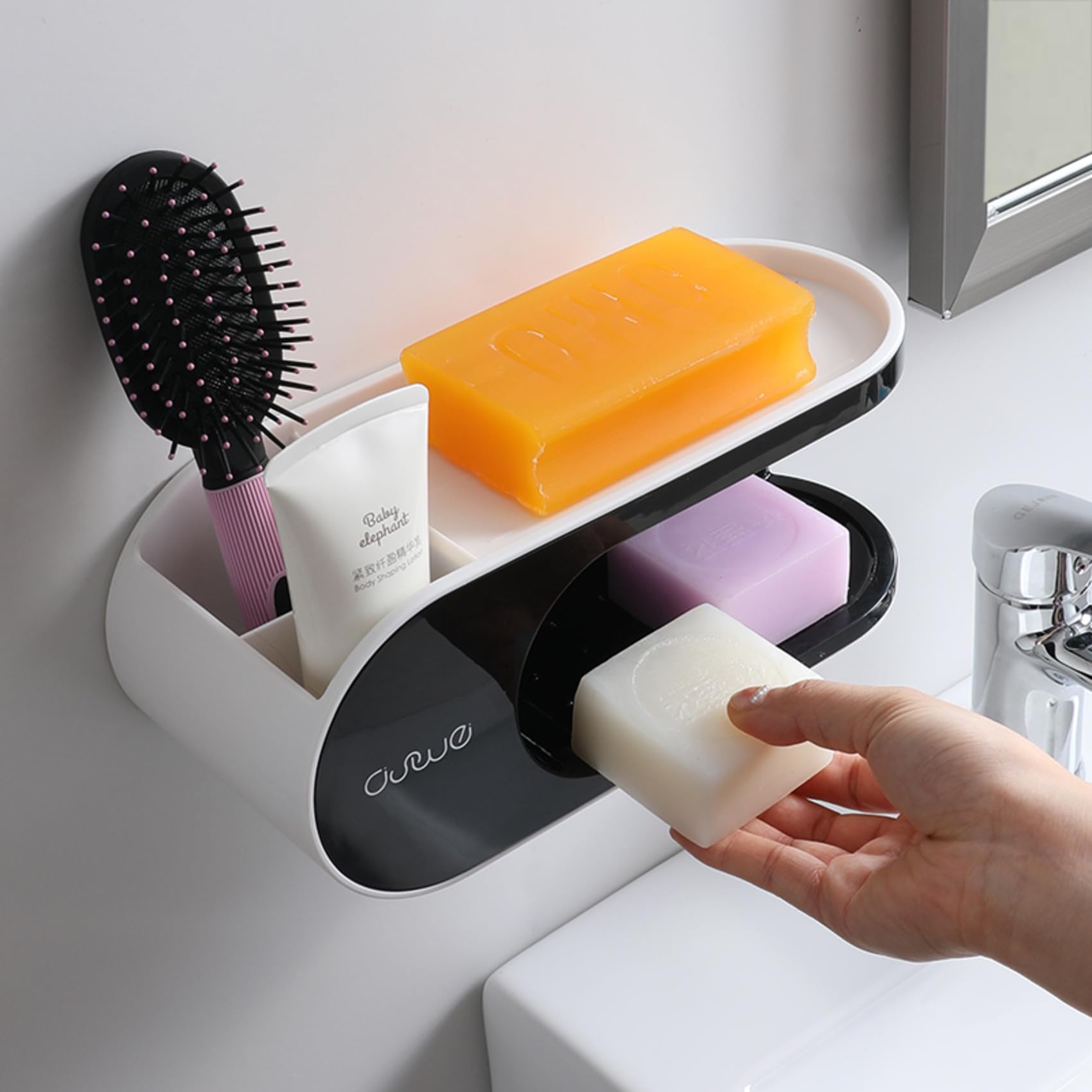 TYZAG Soap Holder Adhesive Storage Organizer Durable Bath Space Saving Design with 4 Removable Hooks Ideal for Sponge and Shelving Decor, Washroom and Kitchen Essential (Grey, 2 in 1 Soap Holder) 1