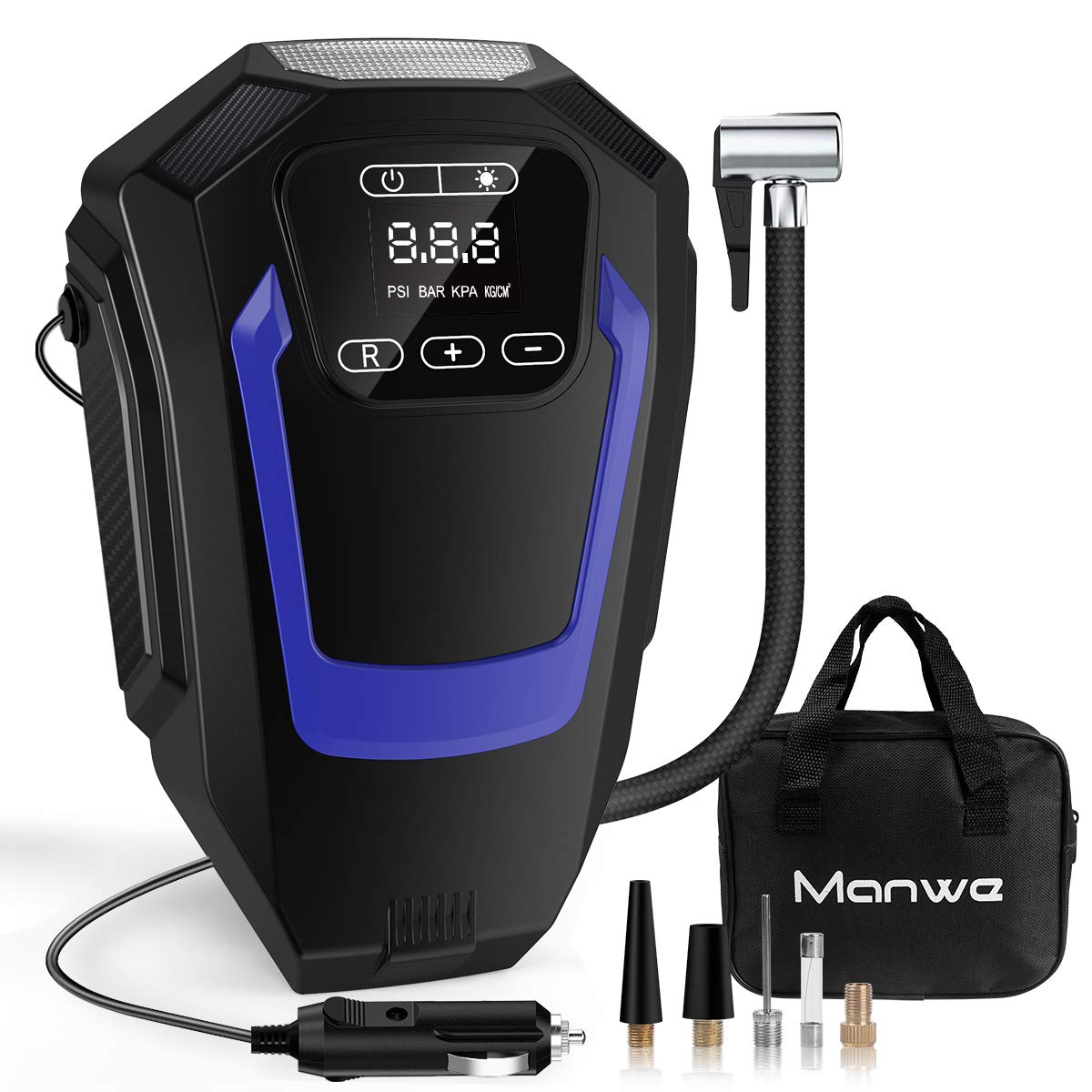 Manwe Portable Air Compressor Pump,Digital Tyre Inflator,DC 12V 150PSI,Tire Inflator Car Pump Tyre pump with Auto Shut Off, LED Flashlight, 3 Nozzles,Valve Adaptors