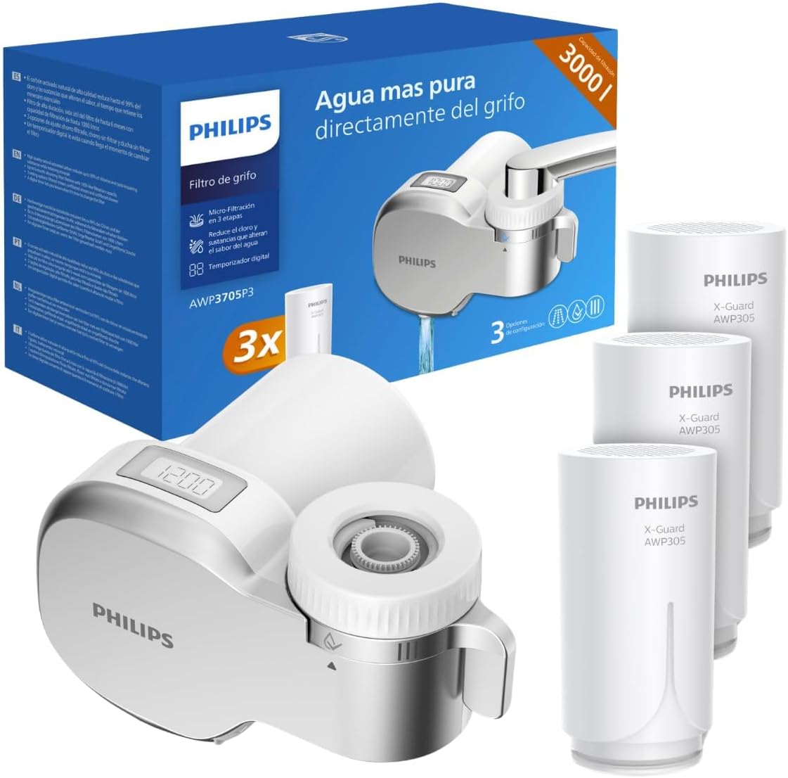 Water Ontap Filter AWP3705P3/10 MICROFILTRATION with Digital Display and 3 Replacement cartridges, 1000 L Filtration Capacity, White