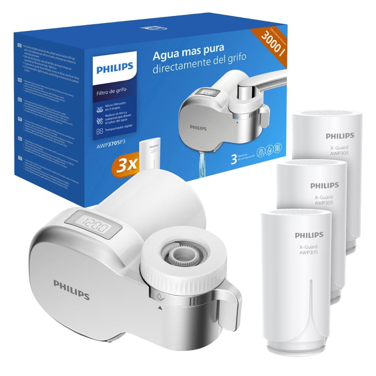 Philips Water Ontap Filter AWP3705P3/10 MICROFILTRATION with DIGITAL DISPLAY and 3 replacement cartridges, 1000 L filtration capacity, White