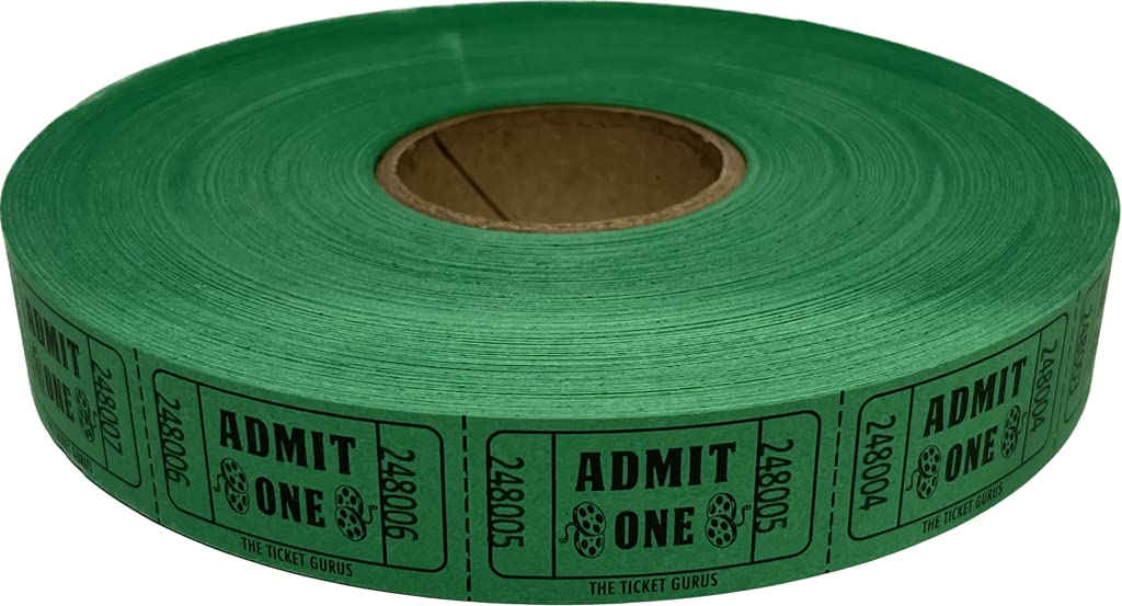 The Ticket Gurus-2000 Green Admit One Single Roll Consecutively Numbered Raffle Tickets