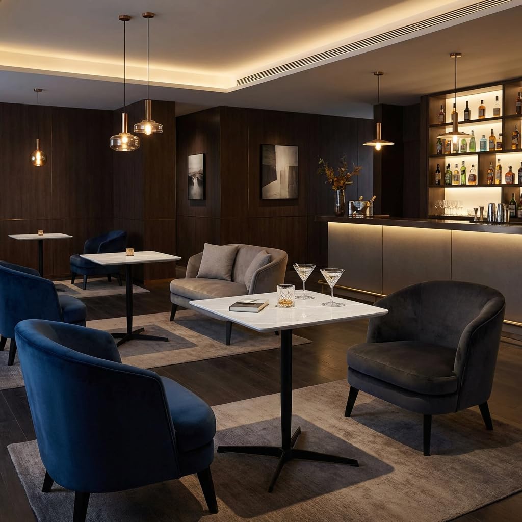 Brigros WeHome - Tavolo Bar 70x70 cm Moderno in Legno MDF 18mm, Tavolo da Esterno con Gamba a Colonna e Base a Stella, Tavolo Quadrato per Ristoranti e Bistrot, Effetto Marmo Grigio Chiaro