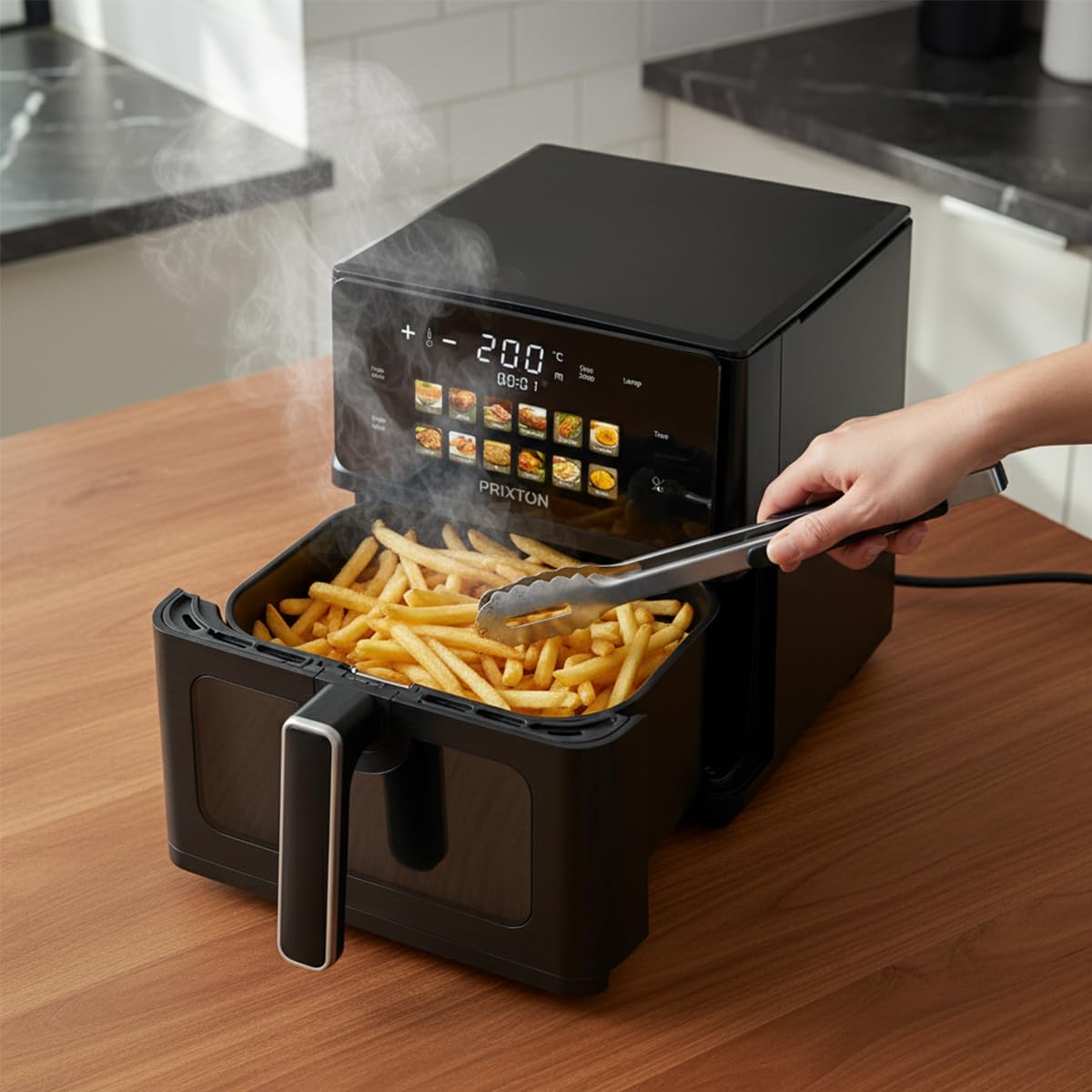 PRIXTON Freidora de Aire Cook Organics 6 L, Air Fryer 1700 W con Doble Resistencia, Pantalla LED Táctil, 12 Programas, Ventana Transparente, Cesto Antiadherente