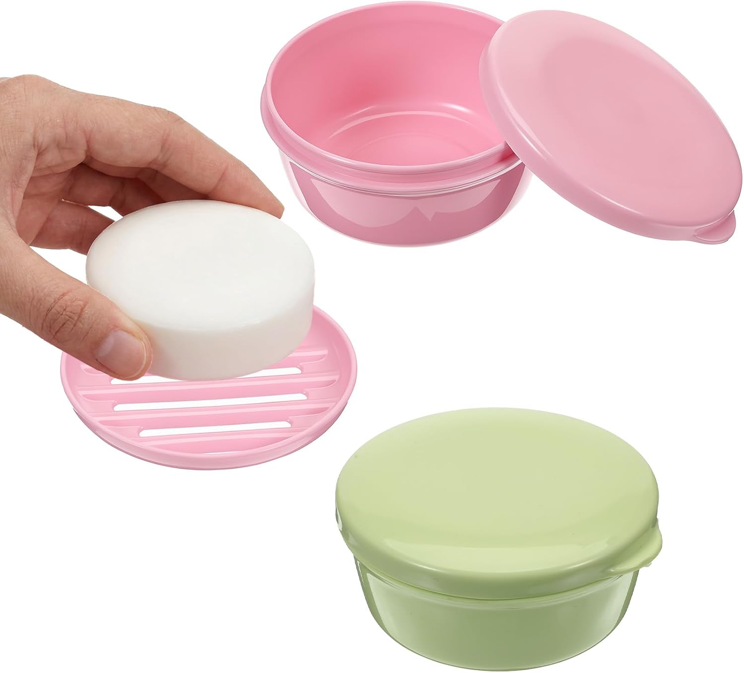2 Pack Round Soap Dish, Plastic Soap Dish Portable Travel Soaps Container with Lid for Home Traveling Outdoor Hiking Camping Gym Green + Pink