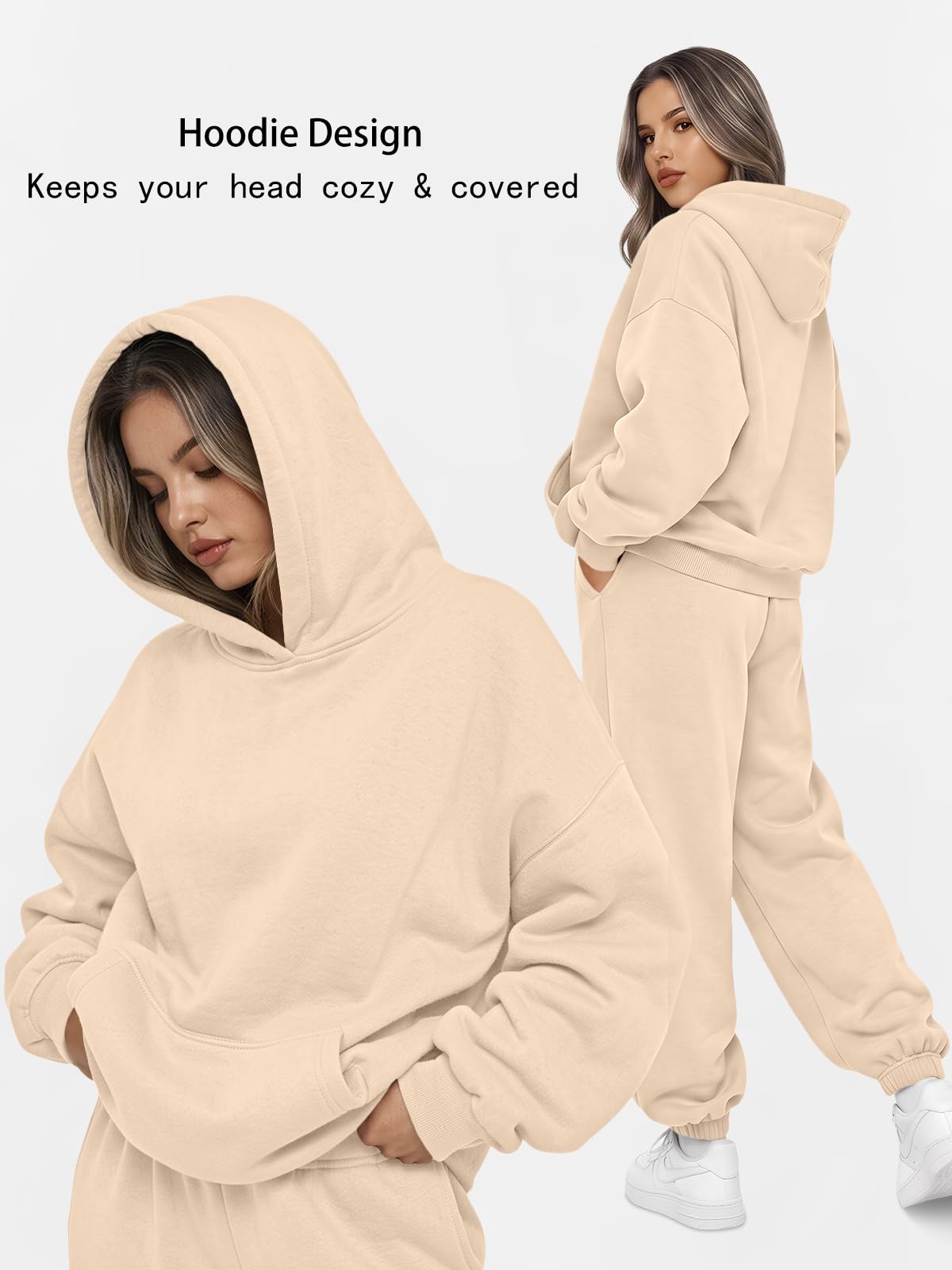 AUTOMET Damskie 2-częściowe stroje, do relaksu, bluza z kapturem, zestawy, dresowa bluza oversize, luźne jesienne modne spodnie dresowe z kieszeniami, Morela, M