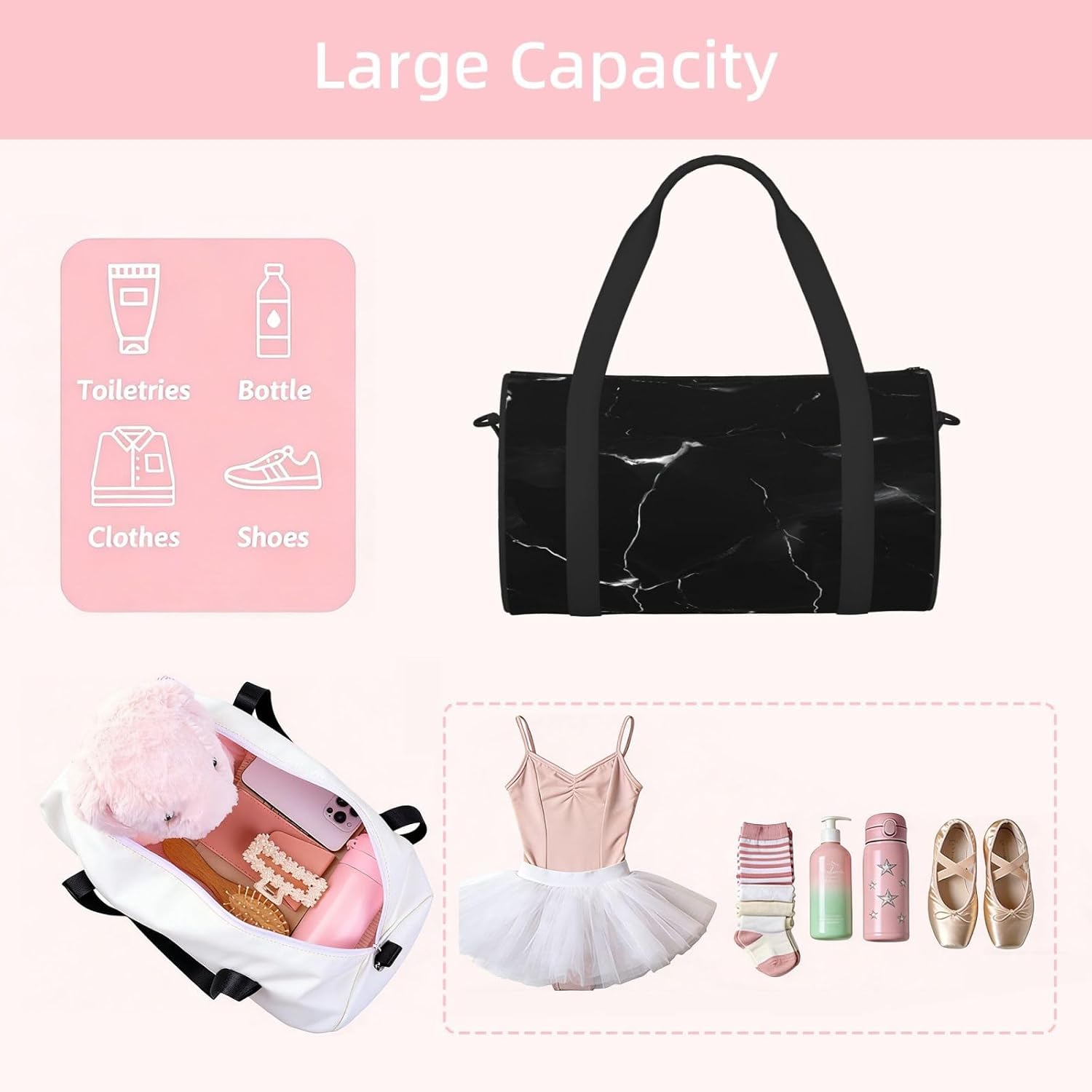 Black Marble Print Sports Tote Bag Lightweight Water-Resistant Gym Backpack Travel Supplies
