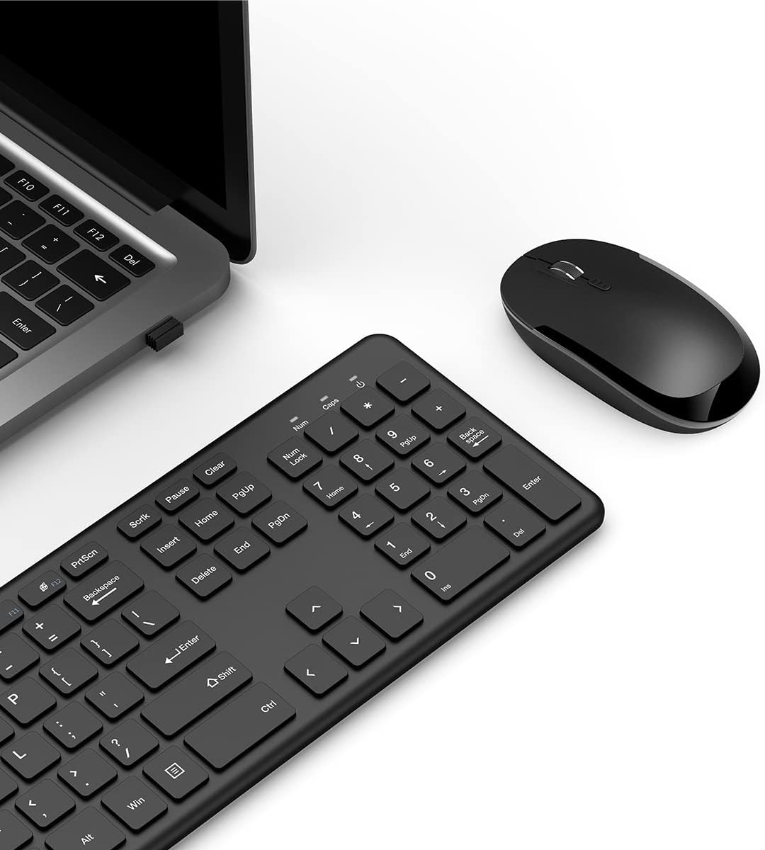 GEEKOM wireless keyboard and mouse combo with USB receiver plugged into a laptop
