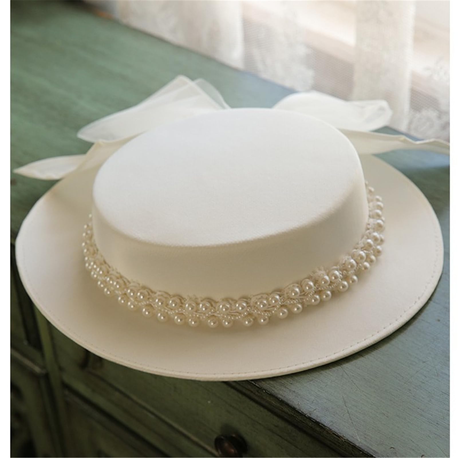 Sombrero victoriano de perlas para despedida de soltera, regalo de novia, boda, despedida de soltera, perlas, elegante sombrero plano