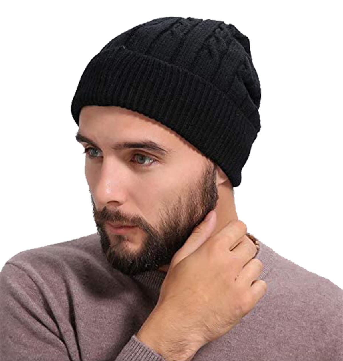 rr design Winter Beanie Hat for Men and Women, Slouchy Warm Fleece Lined Knit Cap(Black)-picture-0