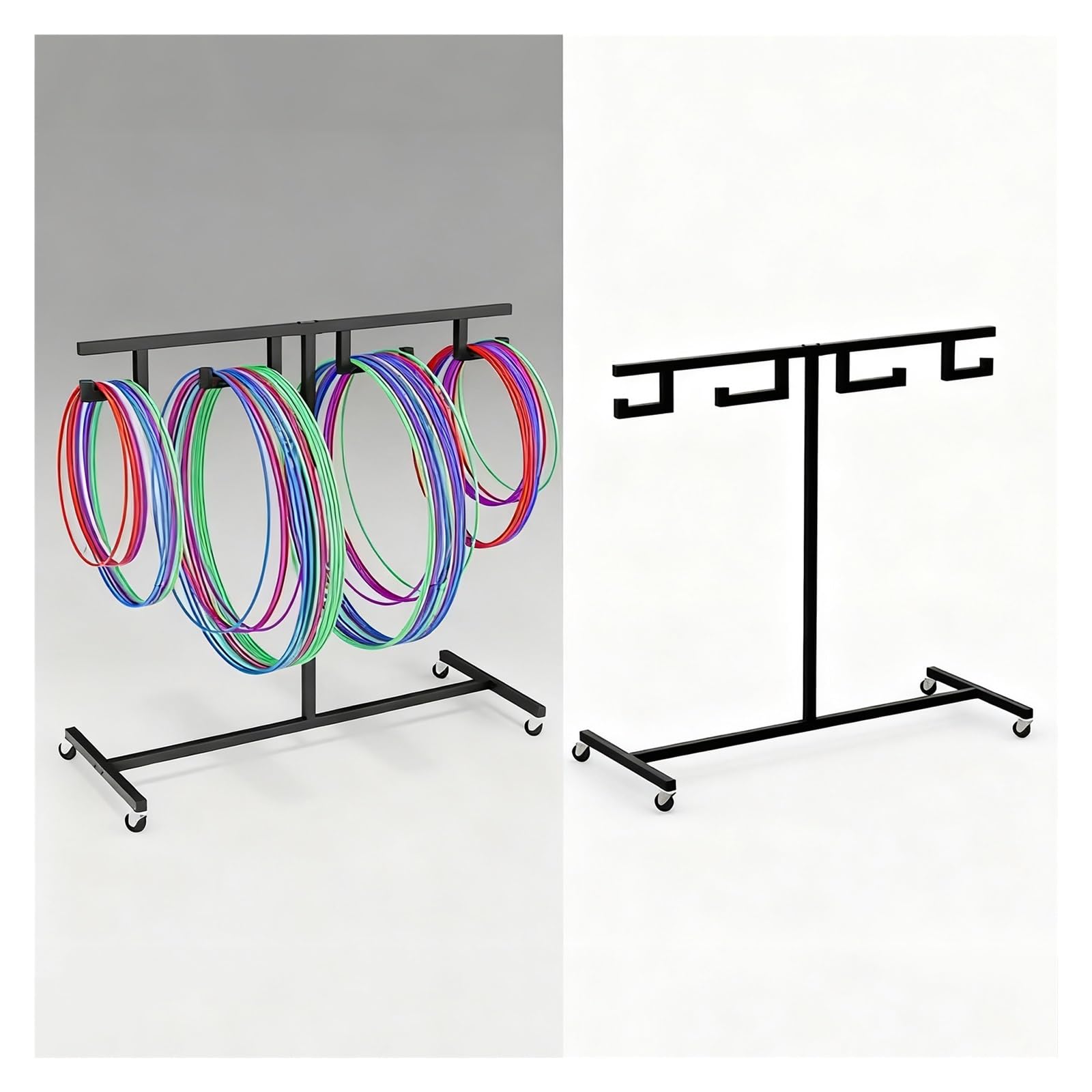 Hula Hoop Halterung Praktischer Hula-Hoop-Wagen, bewegliches Lagerregal für Turnringe, tragbarer Springseilständer aus Metall für Schulsporthallen