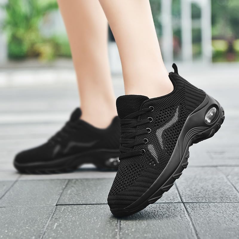 Image of DLWKIPV Womens Walking Running Shoes Tennis Slip On Sneakers Gym Workout Sport Lightweight Breathable Mesh Comfortable Casual Black Size 9