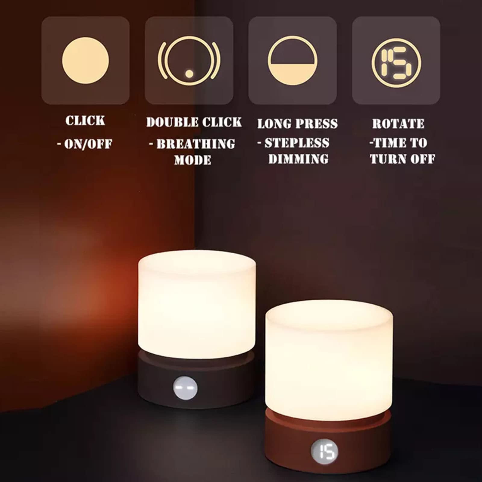 Luce Notturna LED Touch Cilindro,Lampada da Comodino Regolazione Continua Ricaricabile,Il Corpo della Lampada può Essere Ruotato in Tempo,B