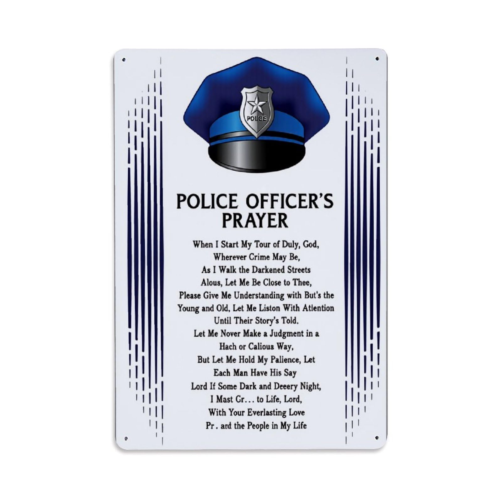 Enderetf Vintage Police Officer Hat Prayer Text Tin Sign Metal Poster, Home Bar Garage Man Cave Cafe Indoor & Outdoor Wall Decoration 8X12inches