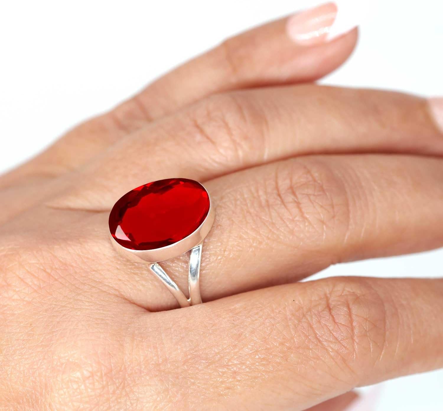 Handmade Genuine 925 Sterling Silver Ring Chunky Natural Gemstone Agate, Rose Quartz, Lapis, Amber Oval Boho Jewelry For Women
