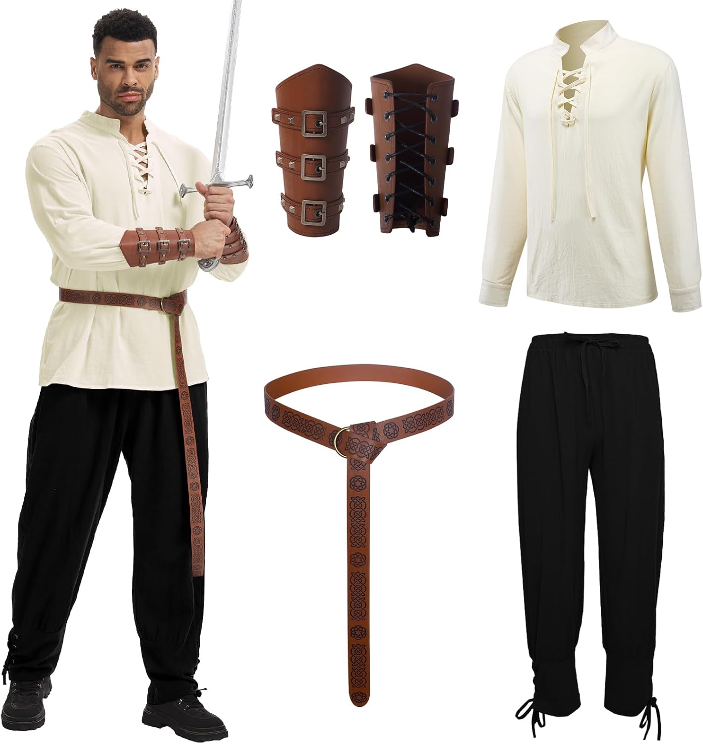 Men's Renaissance Costume Halloween Medieval Pirate Shirt Ankle Banded Pants Viking Belt Accessories