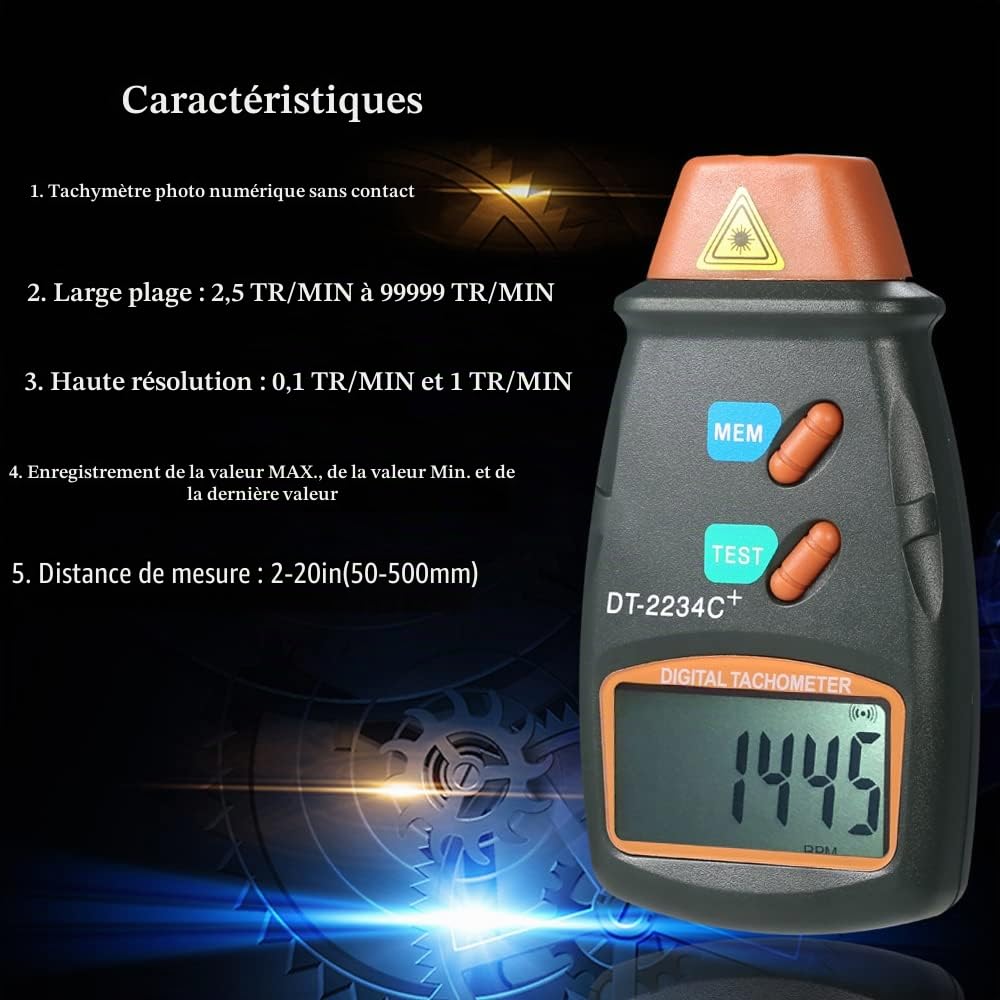 Compte-tours numérique portable - Tachymètre laser - Portée sans contact - 2,5 tr/min - 99,999 tr/min - Écran LCD - Compte-tours moteur avec 3 films réfléchissants