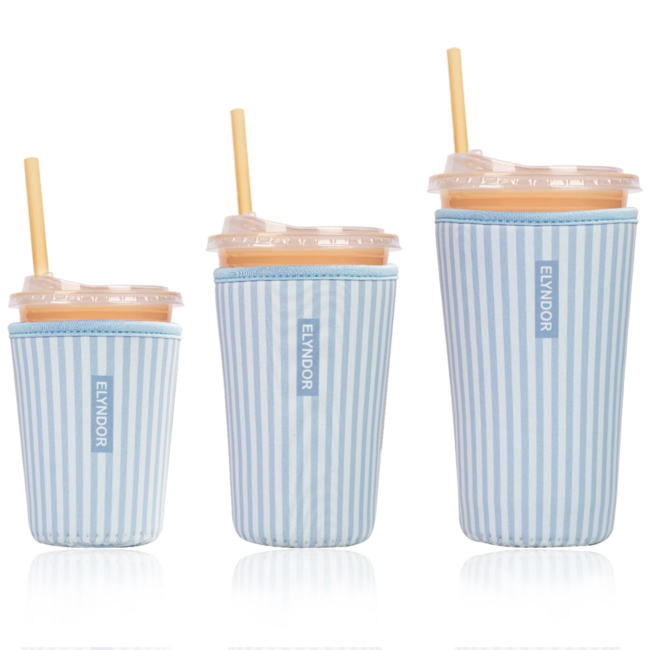 Reusable Insulated Sleeve for Iced Coffee Cup, 3-Pack Coffee Neoprene Drink Sleeve for Cold &amp; Hot Drinks, Beverage Holder for Iced Coffee (Blue Stripes)